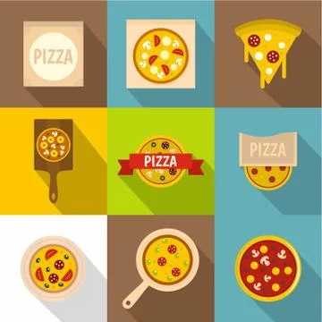 Pizza icons set, flat style イラスト素材