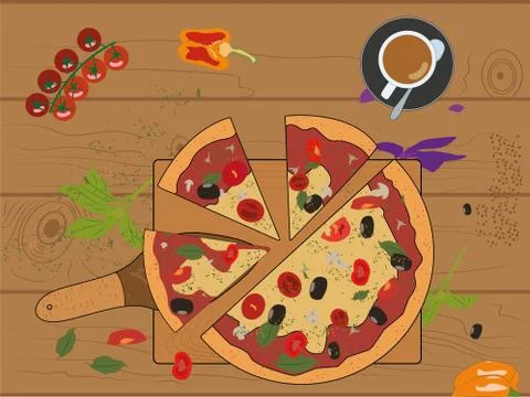 Pizza with ingredients and a cup of coffee on a wooden table. Vector graphics Stock Illustration