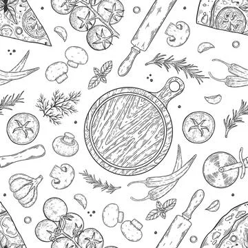Pizza ingredients background. Linear graphic. Tomato, garlic, basil, olive Stock Illustration