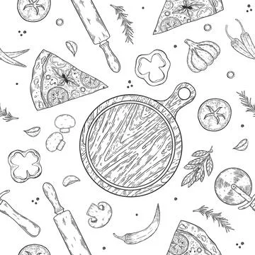 Pizza ingredients background. Linear graphic. Tomato, garlic, basil, olive Stock Illustration