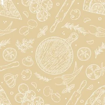 Pizza ingredients background. Linear graphic. Tomato, garlic, basil, olive Stock Illustration