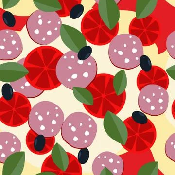 Pizza ingredients seamless pattern: sausage and cheese, tomatoes and olives.  Stock Illustration