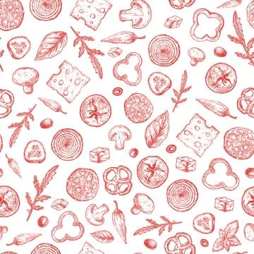 Pizza Ingredients Vector Seamless Background Pattern. Hand Drawn Tomato, Salami Stock Illustration