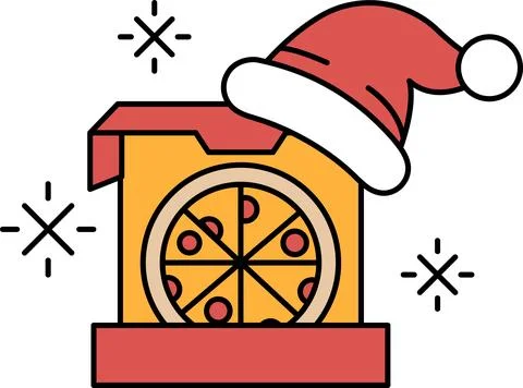 A pizza is inside a box with a hat on top of it イラスト素材