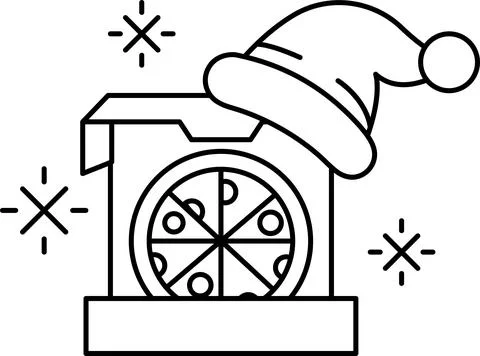 A pizza is inside a box with a hat on top of it Illustrazione stock