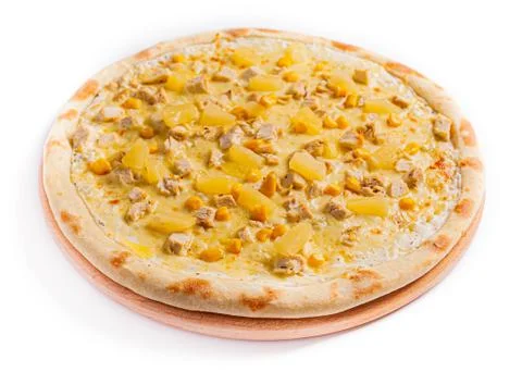 Pizza isolate, medium size, side view. Stock photo of pizza. Stock Photos