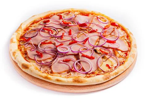 Pizza isolate, medium size, side view. Stock photo of pizza. Stock Photos