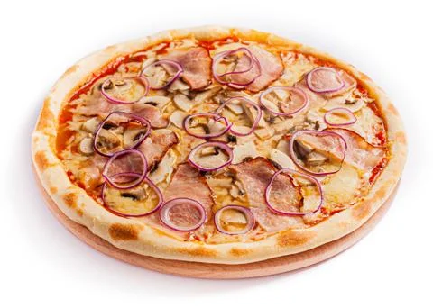 Pizza isolate, medium size, side view. Stock photo of pizza. Foto stock
