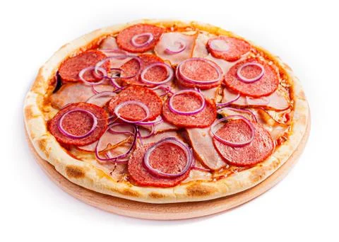 Pizza isolate, medium size, side view. Stock photo of pizza. Foto stock