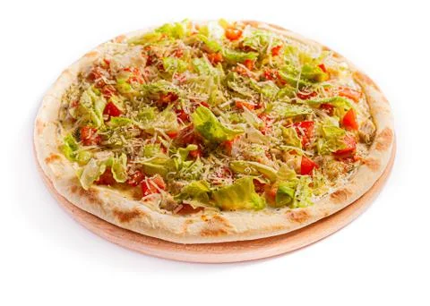 Pizza isolate, medium size, side view. Stock photo of pizza. Stock Photos