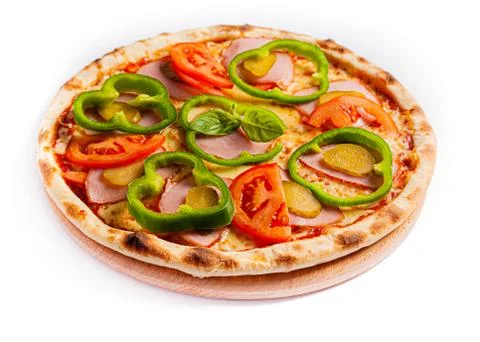 Pizza isolate, medium size, side view. Stock photo of pizza. Foto stock