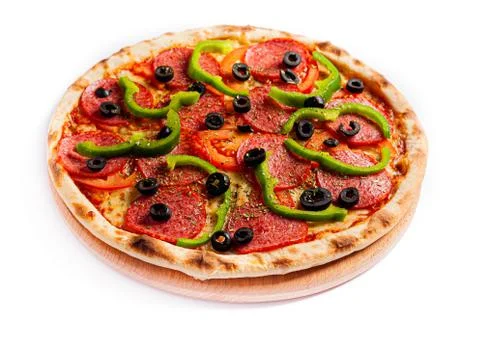Pizza isolate, medium size, side view. Stock photo of pizza. Foto stock