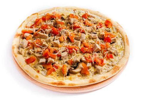 Pizza isolate, medium size, side view. Stock photo of pizza. Stock Photos