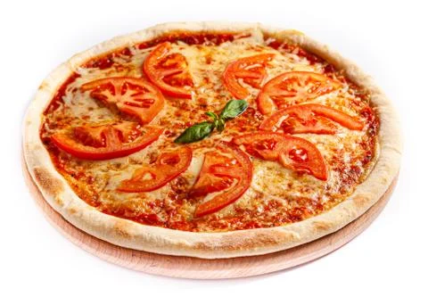 Pizza isolate, medium size, side view. Stock photo of pizza. Stock Photos