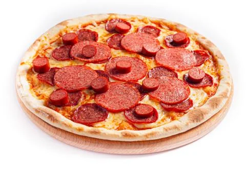 Pizza isolate, medium size, side view. Stock photo of pizza. Stock Photos