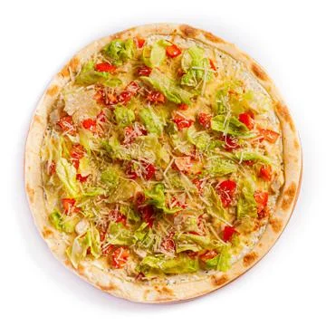 Pizza isolate, medium size, top view. Stock photo of pizza. Stock Photos