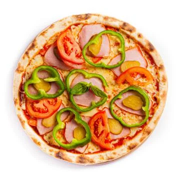 Pizza isolate, medium size, top view. Stock photo of pizza. Stock Photos
