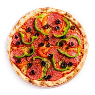 Pizza isolate, medium size, top view. Stock photo of pizza. Stock Photos