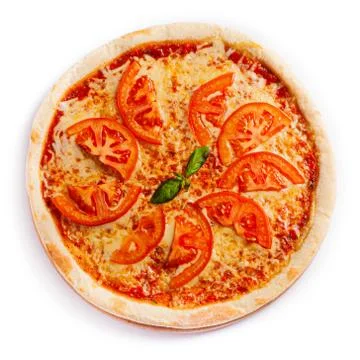 Pizza isolate, medium size, top view. Stock photo of pizza. Stock Photos