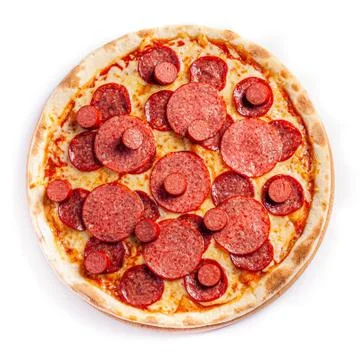 Pizza isolate, medium size, top view. Stock photo of pizza. Stock Photos