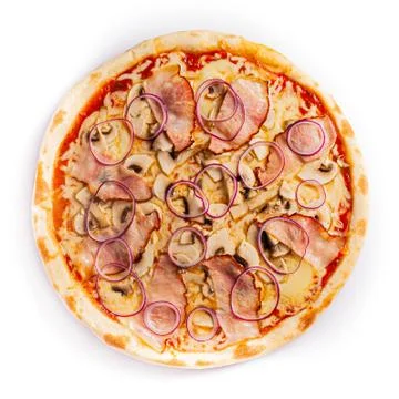 Pizza isolate, medium size, top view. Stock photo of pizza. Stock Photos