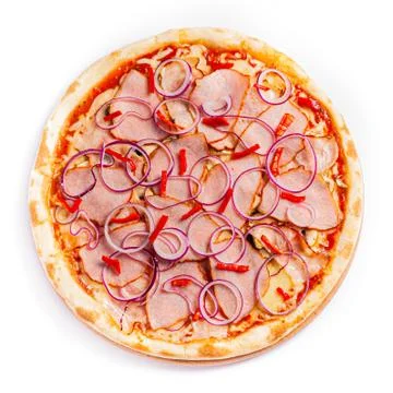 Pizza isolate, medium size, top view. Stock photo of pizza. Foto stock