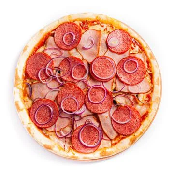 Pizza isolate, medium size, top view. Stock photo of pizza. Stock Photos