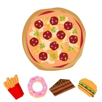Pizza isolated on a white background. As well as French fries, doughnuts, a p Stock Illustration