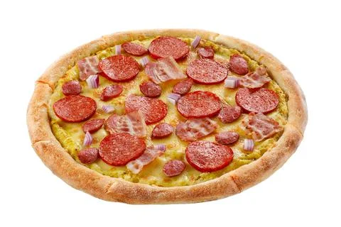 Pizza isolated on white background.Side view. Italian food concept. Appetizin Stock Photos