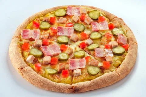 Pizza isolated on white background.Side view. Italian food concept. Appetizin Stock Photos