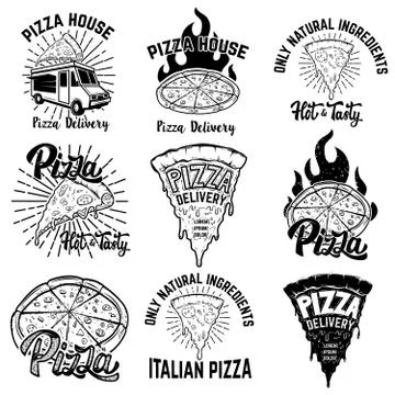 Pizza labels. Design elements for logo, emblem, sign. Vector ill Stock Illustration