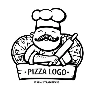 Pizza logo. Hand drawn vector illustration of chef-cooker with a mustache and Stock Illustration