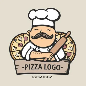 Pizza logo. Hand drawn vector illustration of chef-cooker with a mustache and Stock Illustration