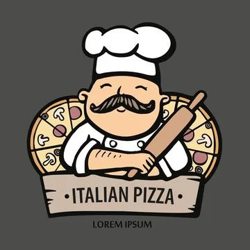 Pizza logo. Hand drawn vector illustration of chef-cooker with a mustache and Stock Illustration