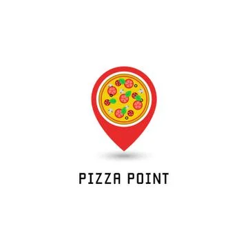 Pizza logo pointer pin location pizzeria fastfood point. Italian tasty round  Illustrazione stock