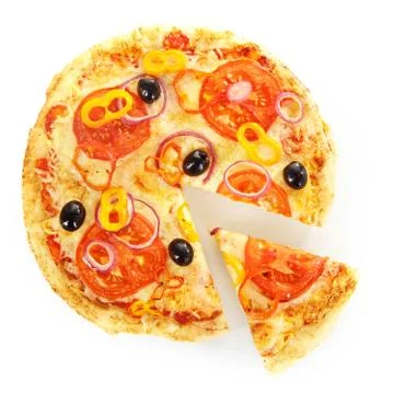 Pizza made of round bread topped with cheese Stock Photos