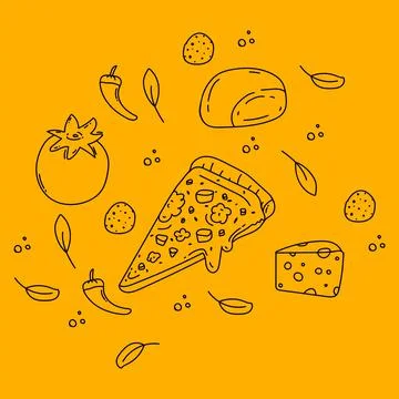 Pizza maker. Background for a poster with doodles of pizza ingredients. Pattern Stock Illustration