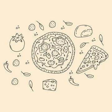 Pizza maker doodle background. A pattern with pizza slices. Cheese, pizza, and Stock Illustration