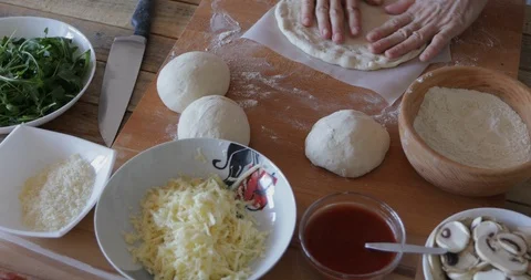 PIzza making, dogh stretching Stock Footage 105217711