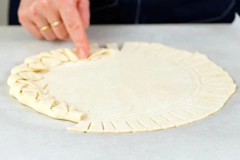 Pizza making process. Top view of pizza dough base. Home-baking pizza with a Stock Photos