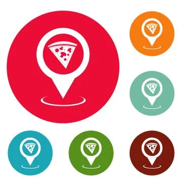 Pizza map pointer icons circle set 스톡 일러스트