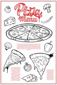 Pizza menu cover layout. Menu chalkboard with hand drawn illustr Stock Illustration