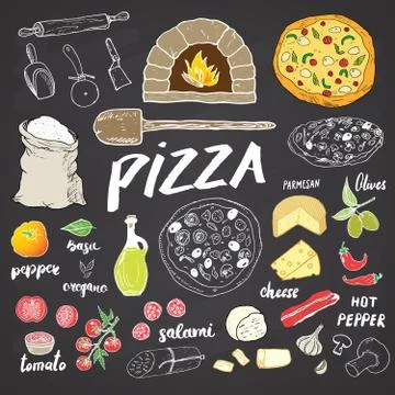 Pizza menu hand drawn sketch set. Pizza preparation design template with chee Stock Photos