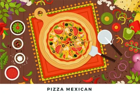 Pizza mexican vector illustration in flat design. Top view meal isolated on Illustrazione stock