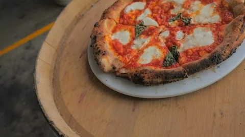Pizza Mozzarella on the barrel. (Motion Control) Vídeo Stock 87785395