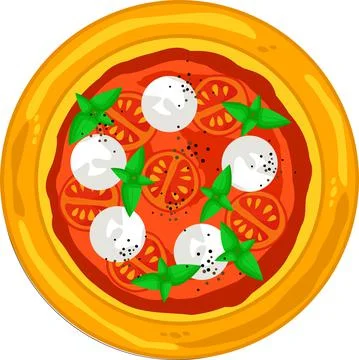 Pizza with mozzarella, basil and cherry tomatoes. Stock Illustration