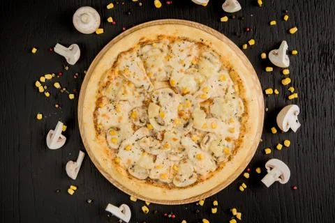 Pizza with mushrooms, corn and cheese Stock Photos