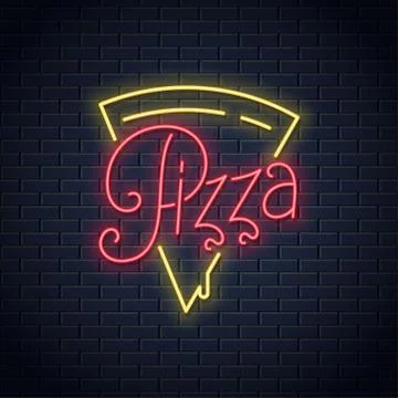 Pizza neon logo on wall vector background Stock Illustration