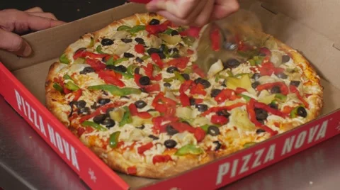 Pizza Nova Cutter Slicing Cooked Vege Pizza Box Commercial Industrial Stone Oven Video stock 66068501