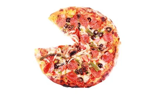 Pizza with one slice removed isolated on white Stock Illustration